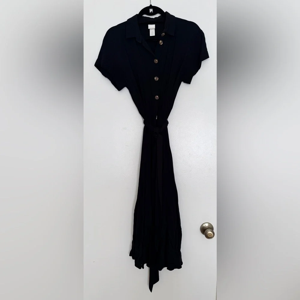 H&M Black Tie-Shirt Midi Dress with Button Detail - Picture 4 of 7